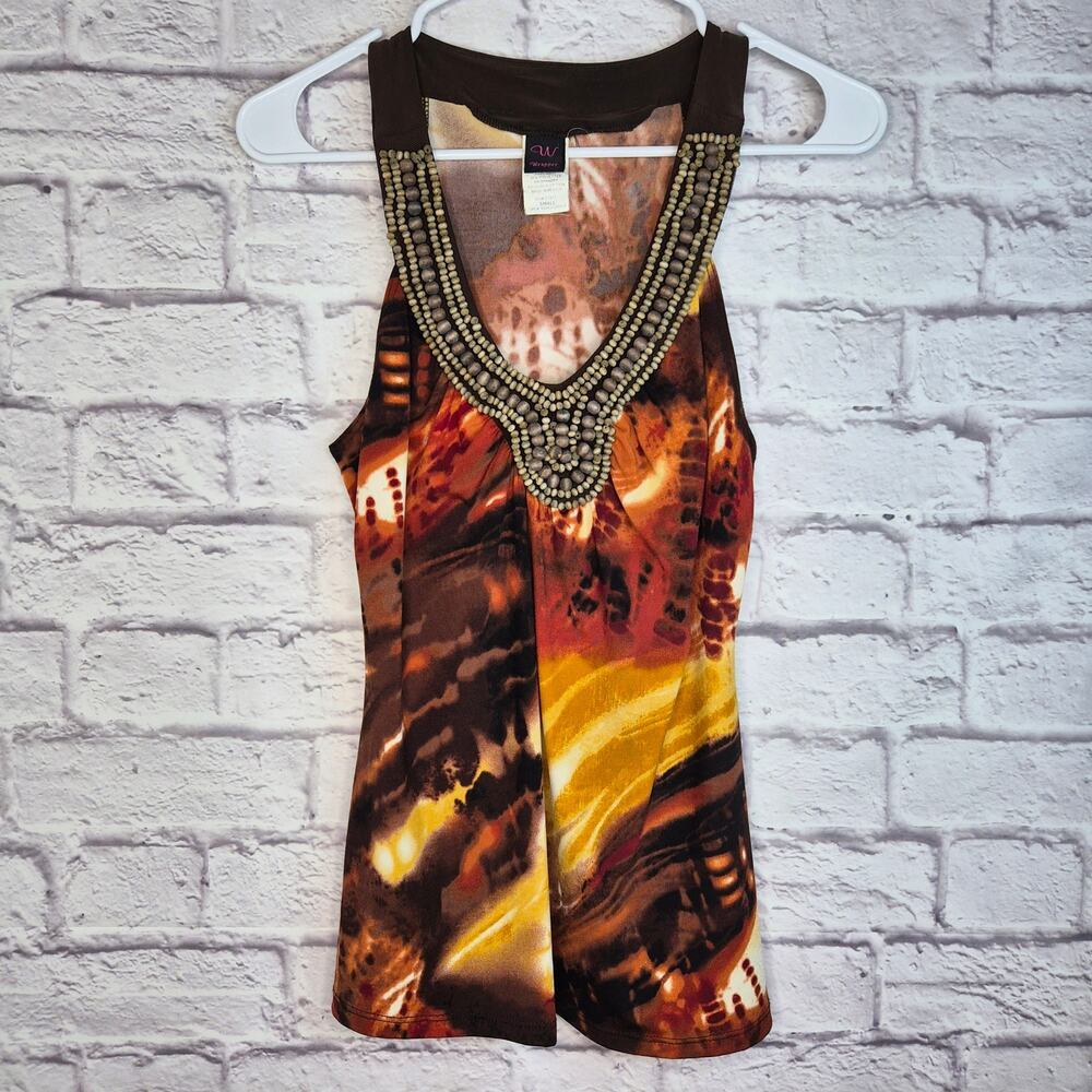 Vintage Wrapper Y2K Beaded Halter Top S Brown Abstract Earthy Whimsigoth Fairy